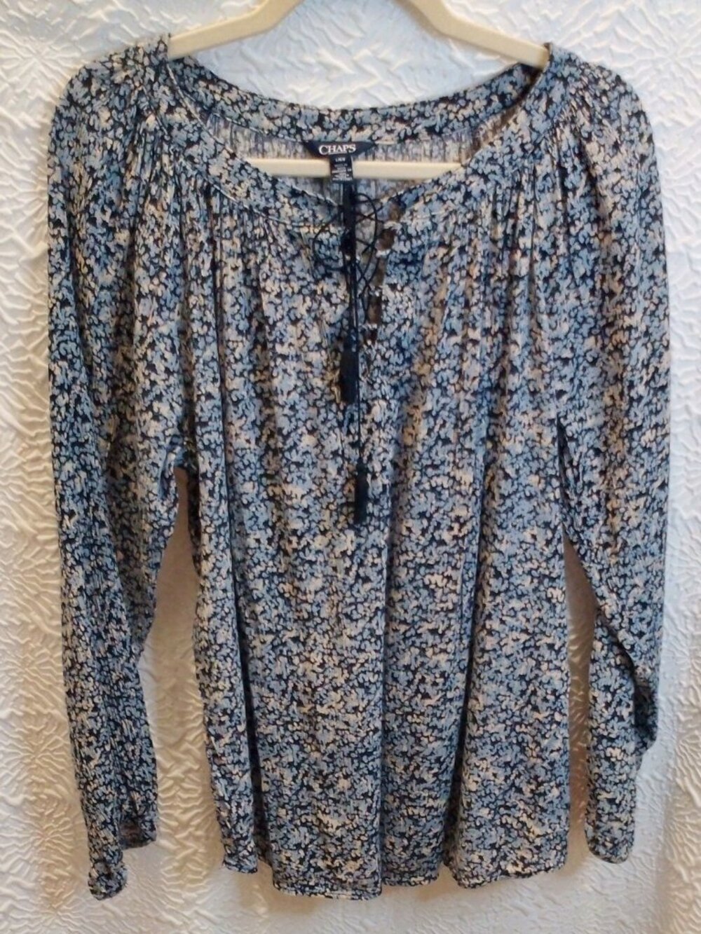 Chaps Womens L Blue Floral Peasant Blouse Boho Tassel Lace Up Long Sleeve Shirt